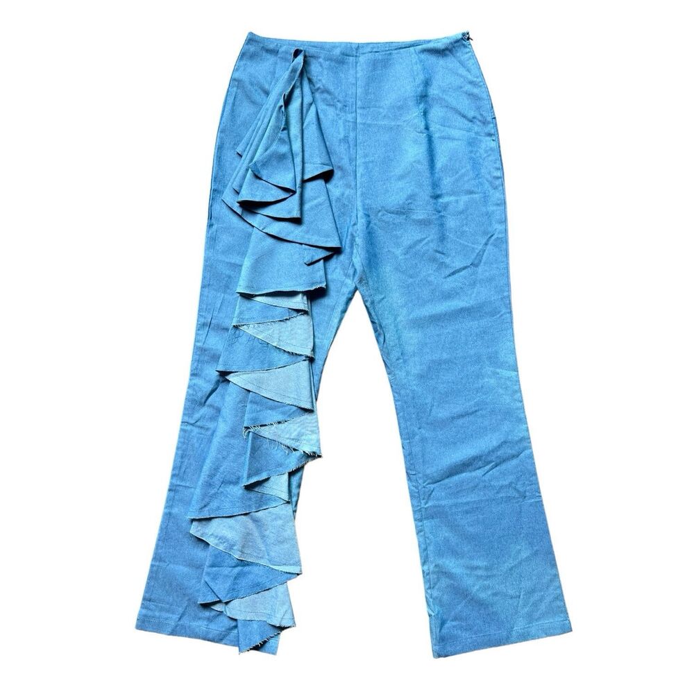 NWT Fashion Mia Womens S Ruffle Sided Pants Chambray High Waisted Blue Appr 28”